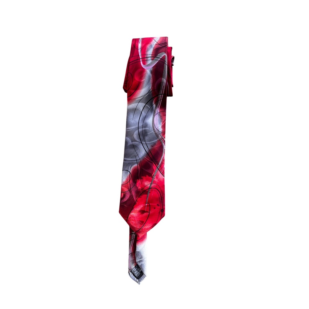 Mens Extra Long 100% Silk Necktie Red Grey Black Abstract Swirl Modern Art Tie